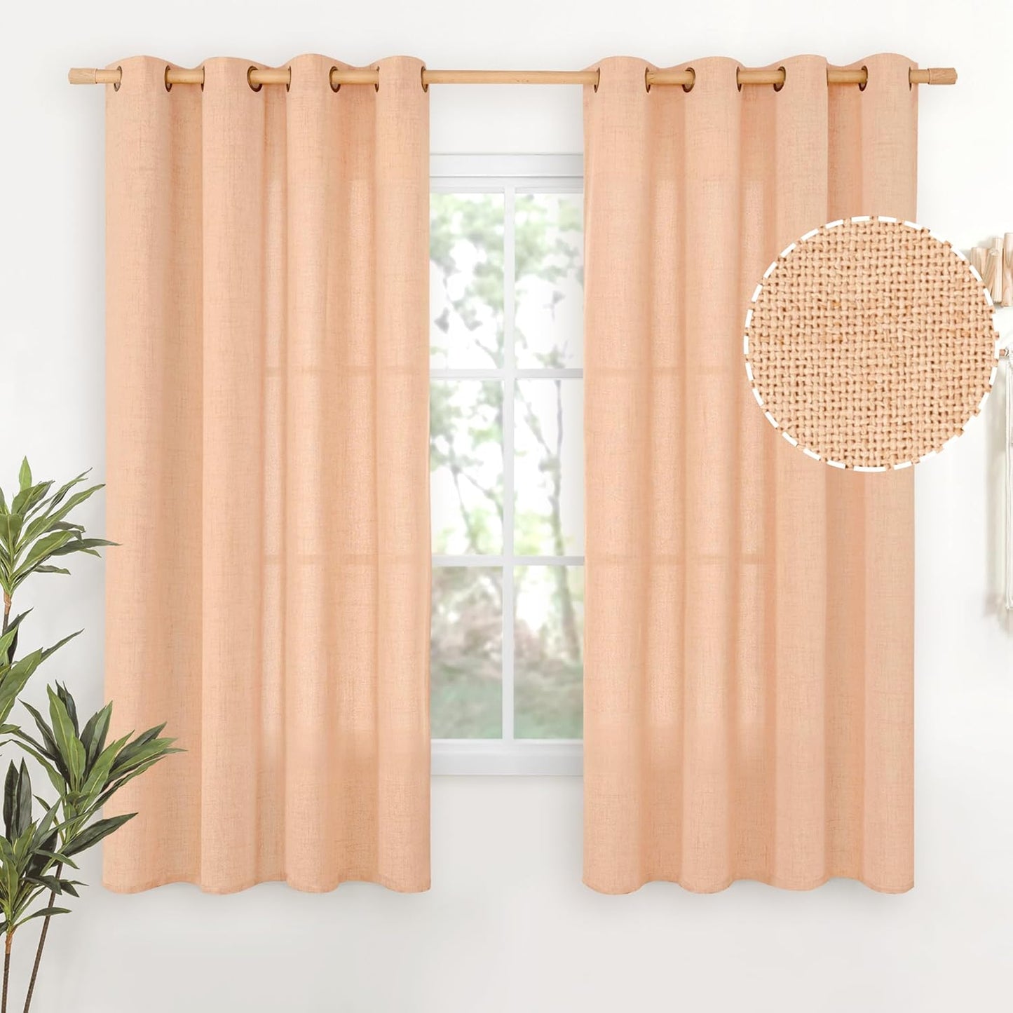 YoungsTex Peach Linen Curtains 63 Inches Length for Living Room - Textured Coral Semi Sheer Drapes with Bronze Grommet Light Filtering for Bedroom Kitchen Office Lightweight, 52 x 63 Inch, 2 Panels