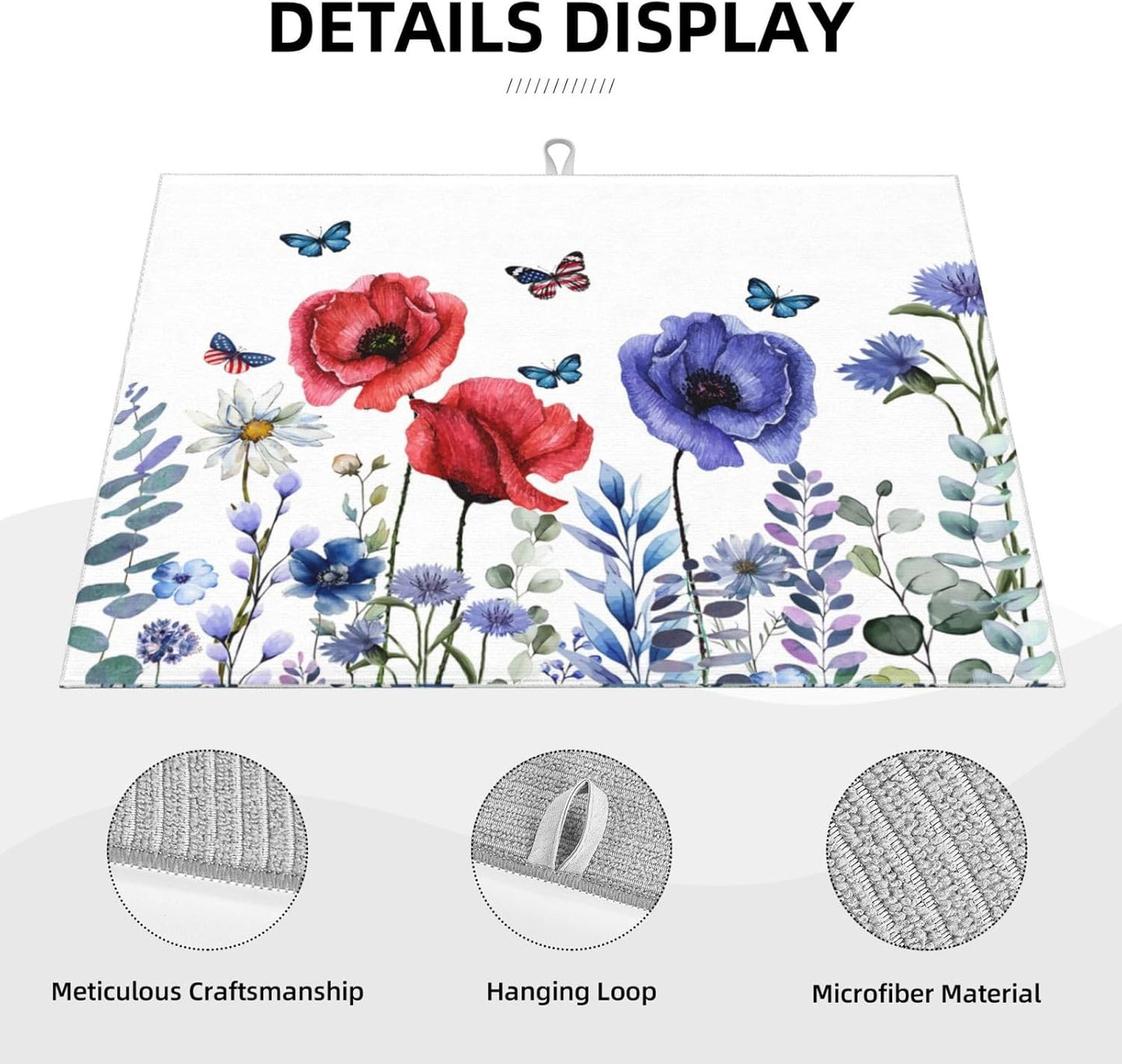 Independence Day Dish Drying Mat 18x24 For Kitchen Counter 4th Of July Blue Red Floral Kitchen Drying Mat Memorial Day Decorative patriotic Flower Drying Pad for Kitchen Decor,Dining Room