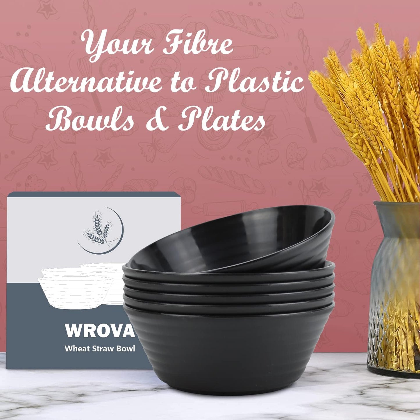 Wrova Wheat Straw Bowl Sets,6 PCS Unbreakable Cereal Bowl 36 OZ,Microwave and Dishwasher Safe Bowls,Soup Bowl Sets BPA Free Apartment Bowl for Serving Cereal,Oatmeal and Salad (Black)