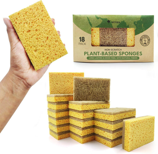 Natural Kitchen Sponges Pack of 18 - Biodegradable Cellulose and Coconut Husk Walnut Scrubbers - Odor Free Non Scratch - Eco Friendly Quick Drying Dishwashing Sponges