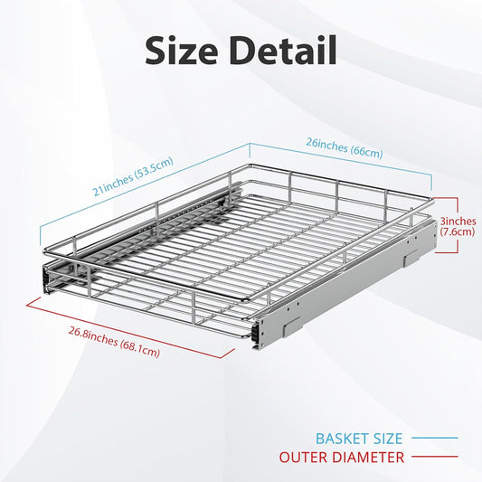 ZOINLIY Pull Out Cabinet Organizer, Versatile Slide Out Kitchen Organizers and Storage,Heavy Duty Drawer Cupboard Storage Basket, Smooth Sliding, Chrome Finish (26.8 * 21inch)