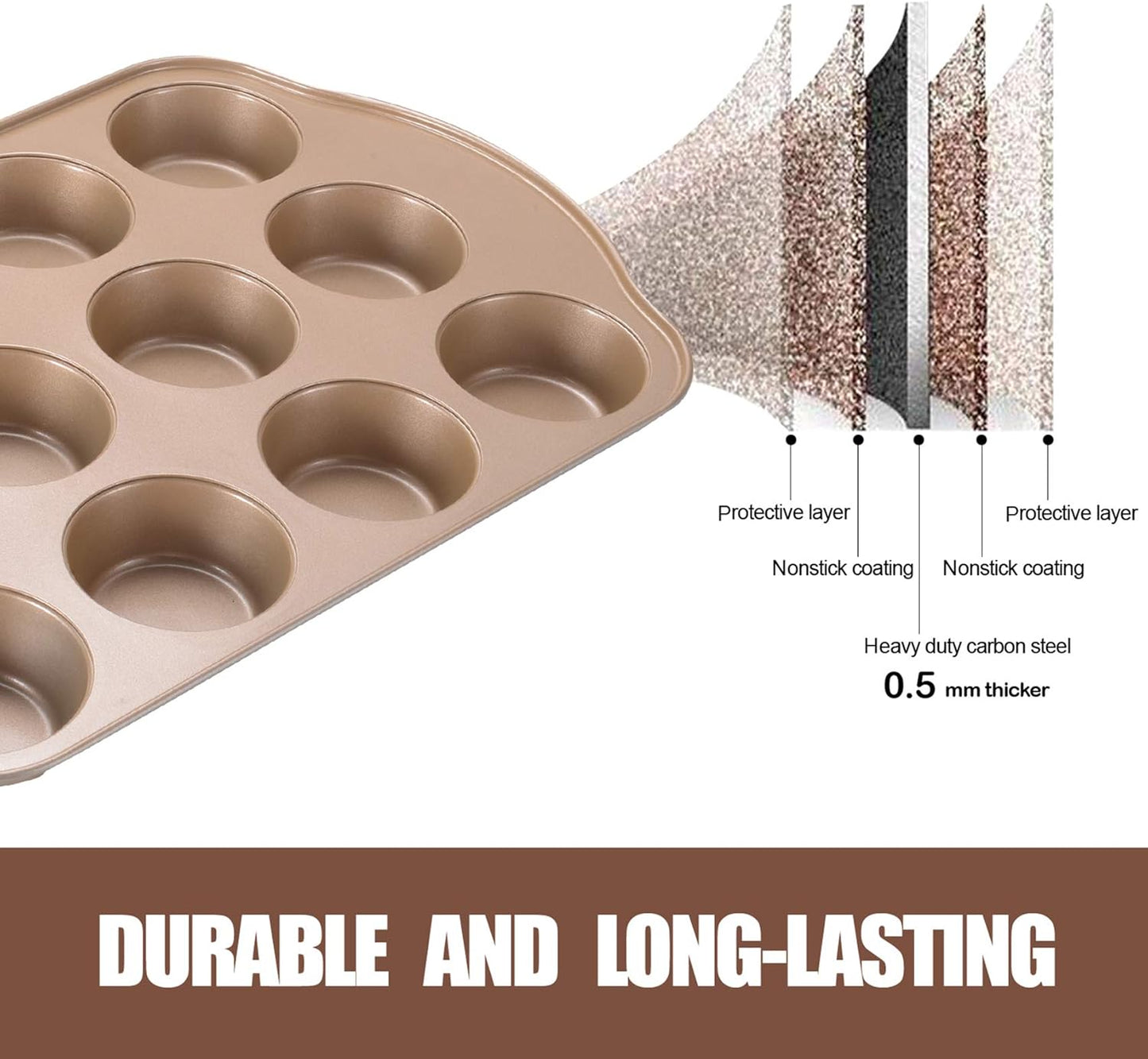 2 Pack Nonstick Muffin Pan Set, 12-Cup Heavy Duty Cupcake Baking Pan with Handles - PFOA-Free Muffin Tin, Rust Proof & Warp Resistant, Oven Safe 430°F (Gold)