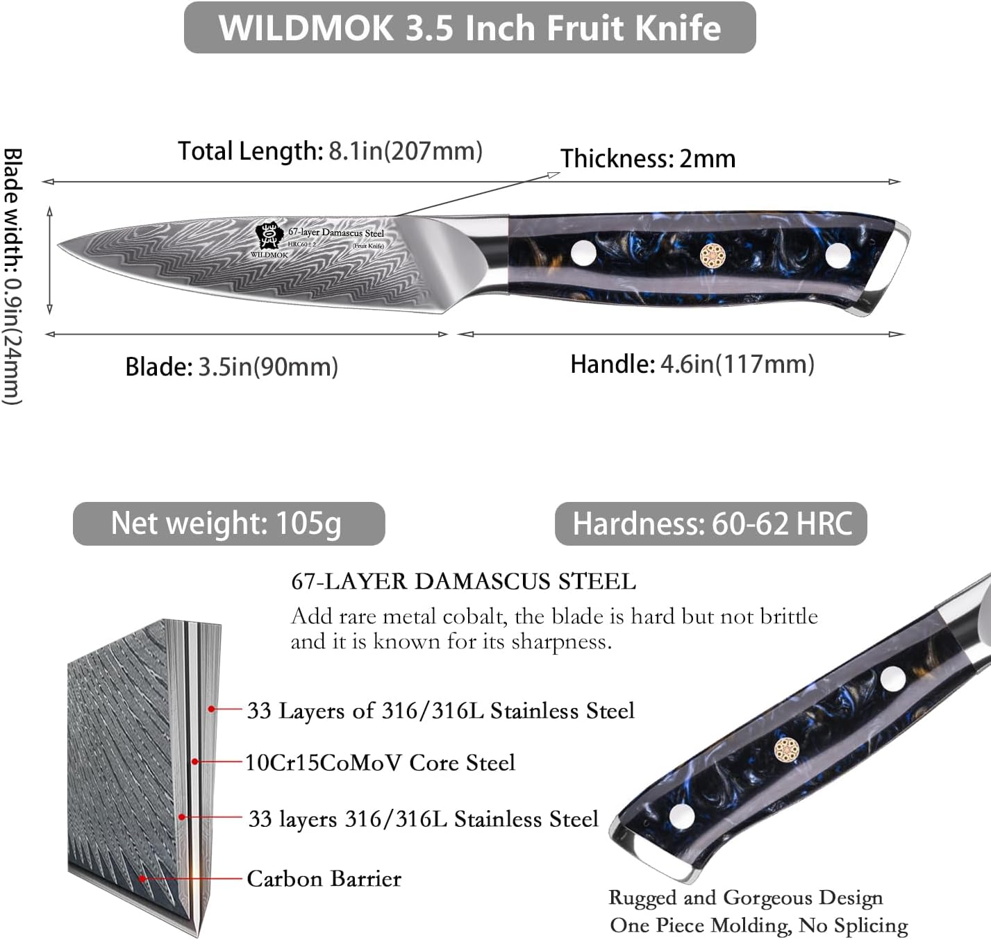 WILDMOK Damascus Paring Knife, 3.5 Inch Japanese 67-layers Damascus Steel, Professional Paring Knife, Ultra Sharp Blade Cooking Utility Knife, Full Tang Ergonomic Resin Handle