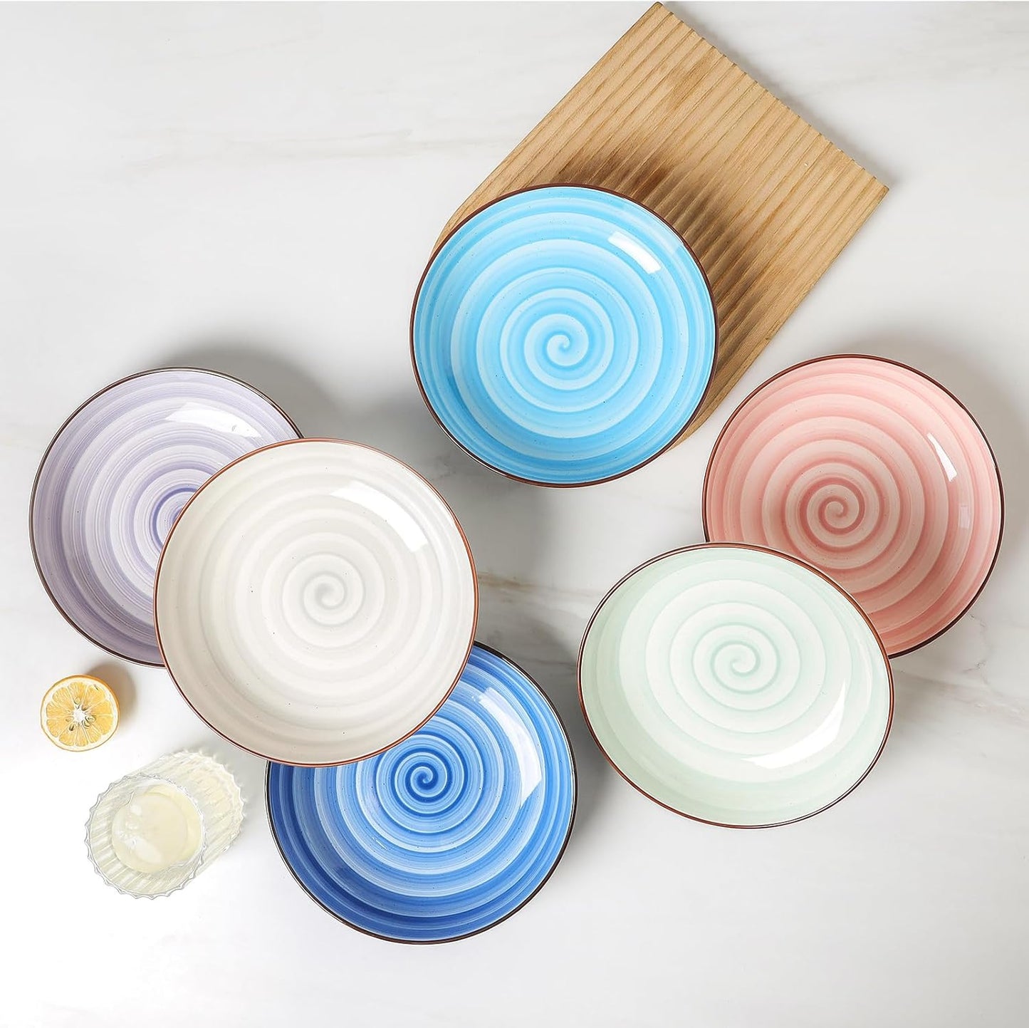 KitchenTour Large Pasta Bowls 34 oz, Ceramic Salad Serving Bowls Set of 6, 8.6 Inch Wide and Shallow Bowl for Soup- Dishwasher and Microwave Safe, Assorted Warm Colors