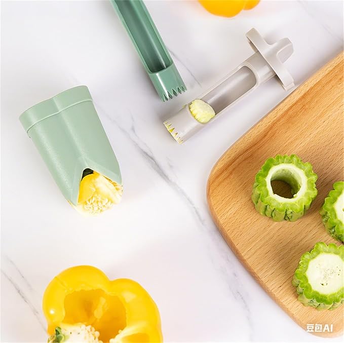 Pepper Corer, 2 in 1 Red Bell Pepper Seed Corer Remover Tool, Fruit & Vegetable Corers Quick Cave Tools for Jalapeno Cutter Deseeder, Off White+Green, 2 PCS