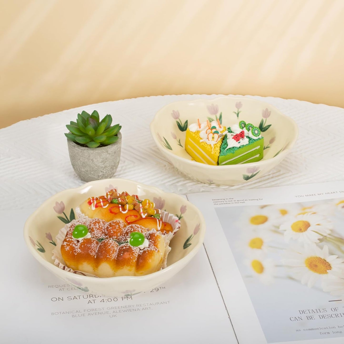 Koythin Salad Bowls Set of 2, Cute Purple Tulip Flower Ceramic Bowls, Cream Yellow Serving Bowl for Pasta, Cereal, Fruit, Soup, Rice, Dishwasher and Microwave Safe (Purple Tulip Set of 2)