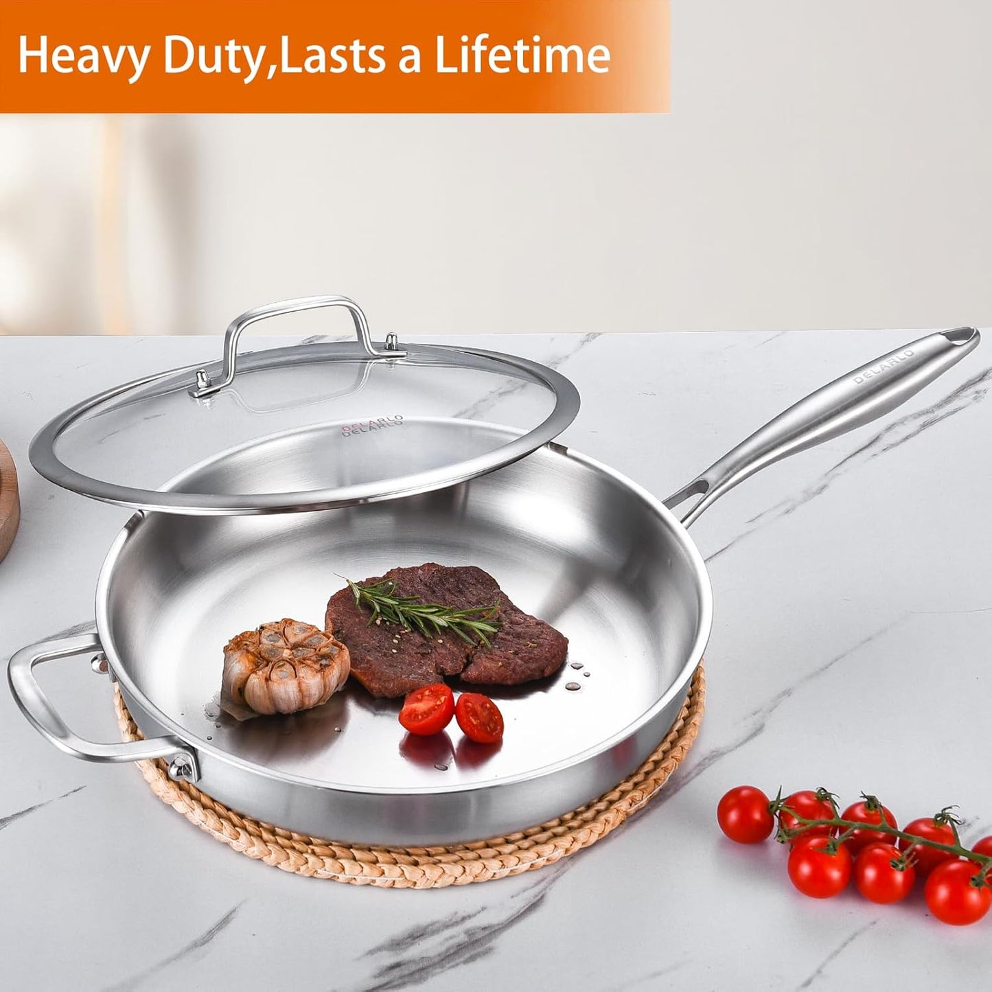 DELARLO Tri-Ply Stainless Steel Pan with Lid 12inch丨Compatible with All Cooktops Up to 600℉丨Stainless Steel Skillet 12 inch丨Heavy Duty丨Frying Pan with Lid丨18/10 Large Cooking Surface