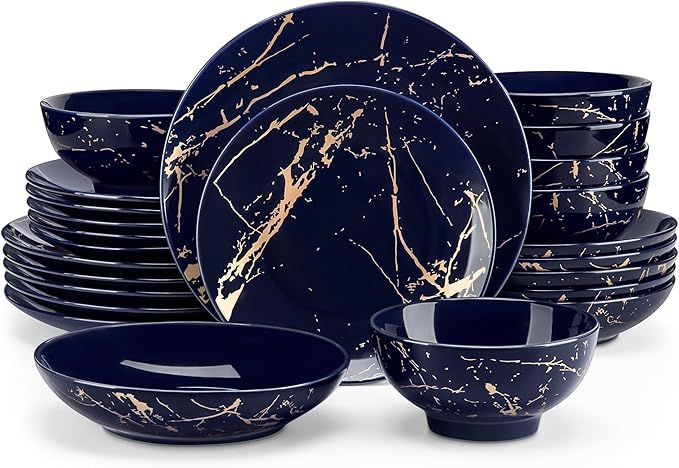 LOVECASA Plates and Bowls Sets for 6, 24 Pieces Porcelain Dinnerware Sets, Dark Blue and Gold Dish Set Gold Splash Dishware Sets, Dishwasher Microwave Safe