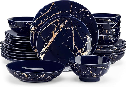 LOVECASA Plates and Bowls Sets for 6, 24 Pieces Porcelain Dinnerware Sets, Dark Blue and Gold Dish Set Gold Splash Dishware Sets, Dishwasher Microwave Safe