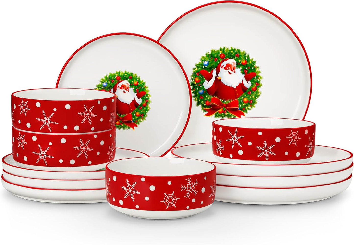MALACASA Plates and Bowls Sets, 12 Pieces Christmas Porcelain Dinnerware Set for 4, Ceramic Dishware Dishes Kitchen Dinner Dining Ware Set, Microwave and Dishwasher Safe, Series LUNA-Santa Claus