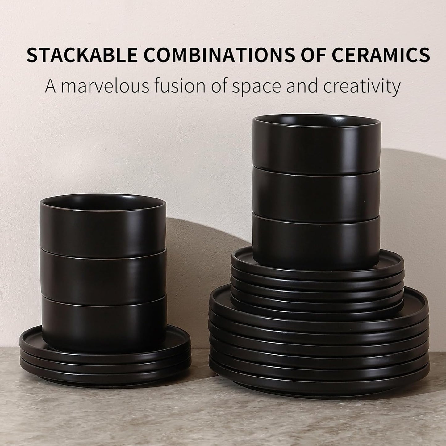 GZG Classic Series - Plates and Bowls Set for 8, 24 Piece Stoneware Dinnerware Sets, Microwave and Dishwasher Safe Lead-Free Handcrafted Ceramic Dishes Set - Matte Black