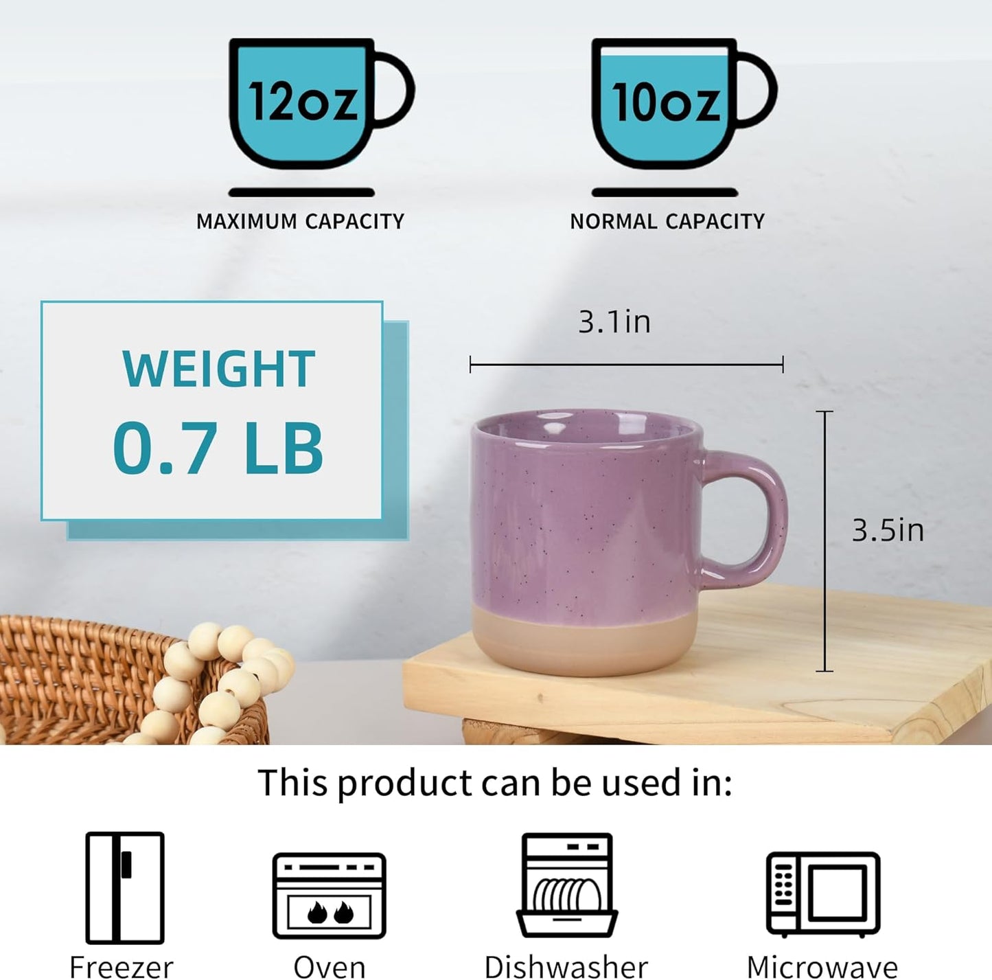 12 oz Coffee Mug Set for 6, Tea Cups with Handle for Coffee, Tea, Cocoa, Milk (Purple)