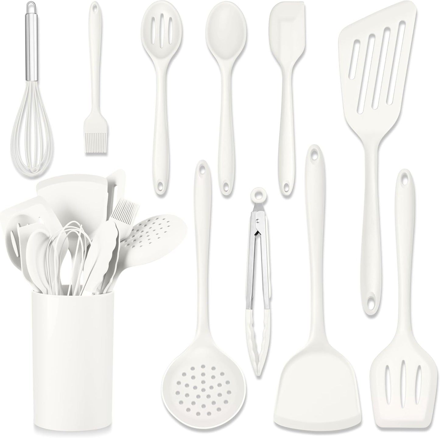 HaWare 11 PCS Silicone Cooking Utensils Set, Heat Resistant Kitchen Utensils with Holder, Food-grade Spatula Sets for Nonstick Cookware, Kitchen Tools Gadgets Include Fish Turner, Spoon (White)