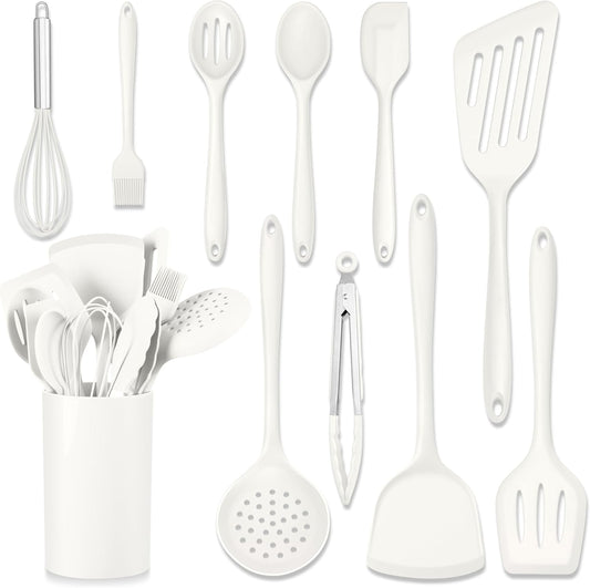 HaWare 11 PCS Silicone Cooking Utensils Set, Heat Resistant Kitchen Utensils with Holder, Food-grade Spatula Sets for Nonstick Cookware, Kitchen Tools Gadgets Include Fish Turner, Spoon (White)
