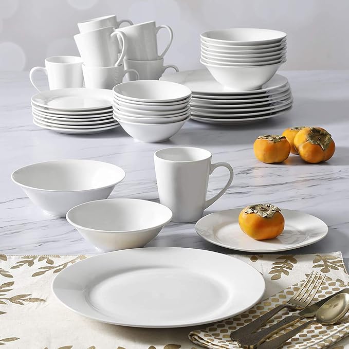 Gibson Home 102563.16RM Classic Porcelain Zen Buffet 16 Piece Round Dinnerware Set with Multi Sized Plates, Bowls, and Mugs, White (2 Pack)