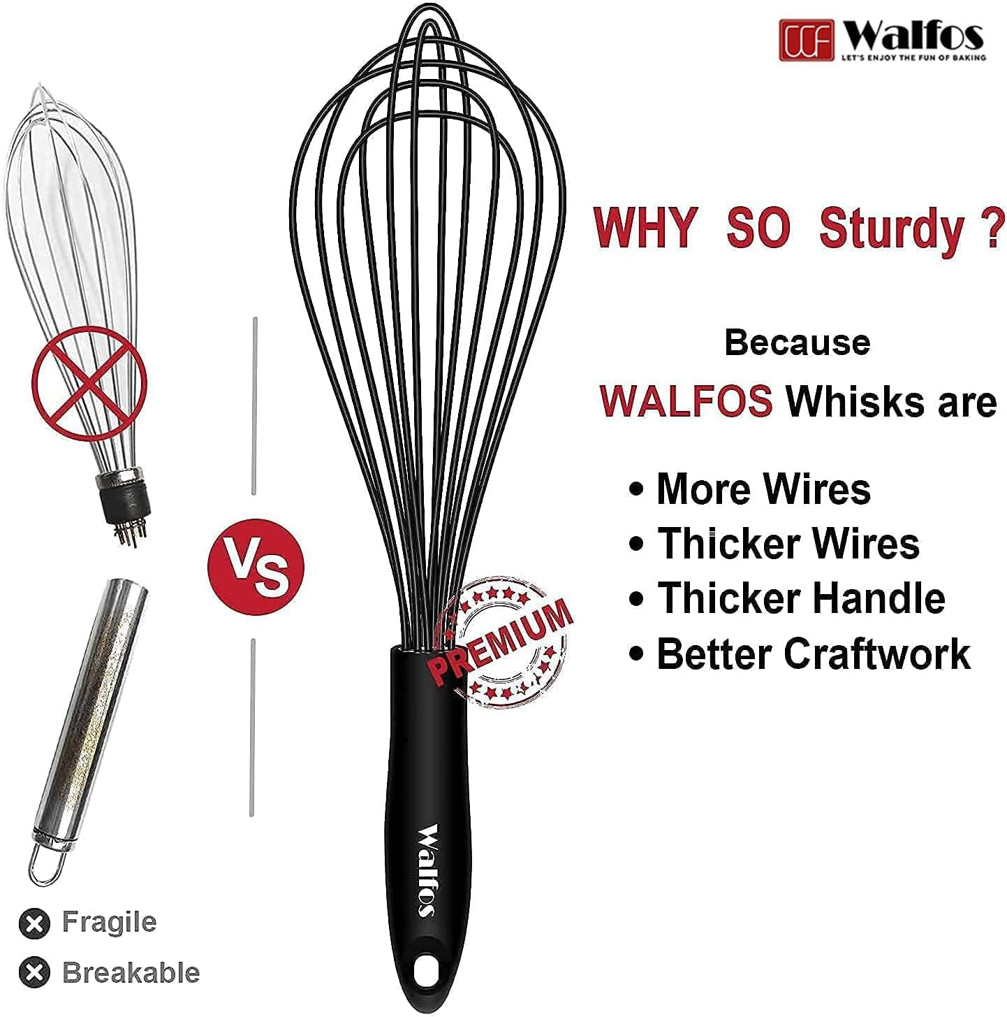 Walfos Whisk Silicone Whisks set, Non Scatch Coated Whisks for Cooking and Baking, Heavy Duty Set of 4 Kitchen Whisk - 11'' Flat Wisk and 7''+10''+12'' Balloon.