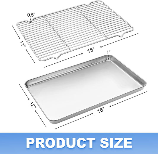 Baking Sheet with Wire Rack Set (1 Baking Pan + 1 Cooling Rack), 16 x 12 x 1 Inch Stainless Steel Cookie Sheet Pan Toaster Oven Tray with Rack, Non-stick & Dishwasher Safe