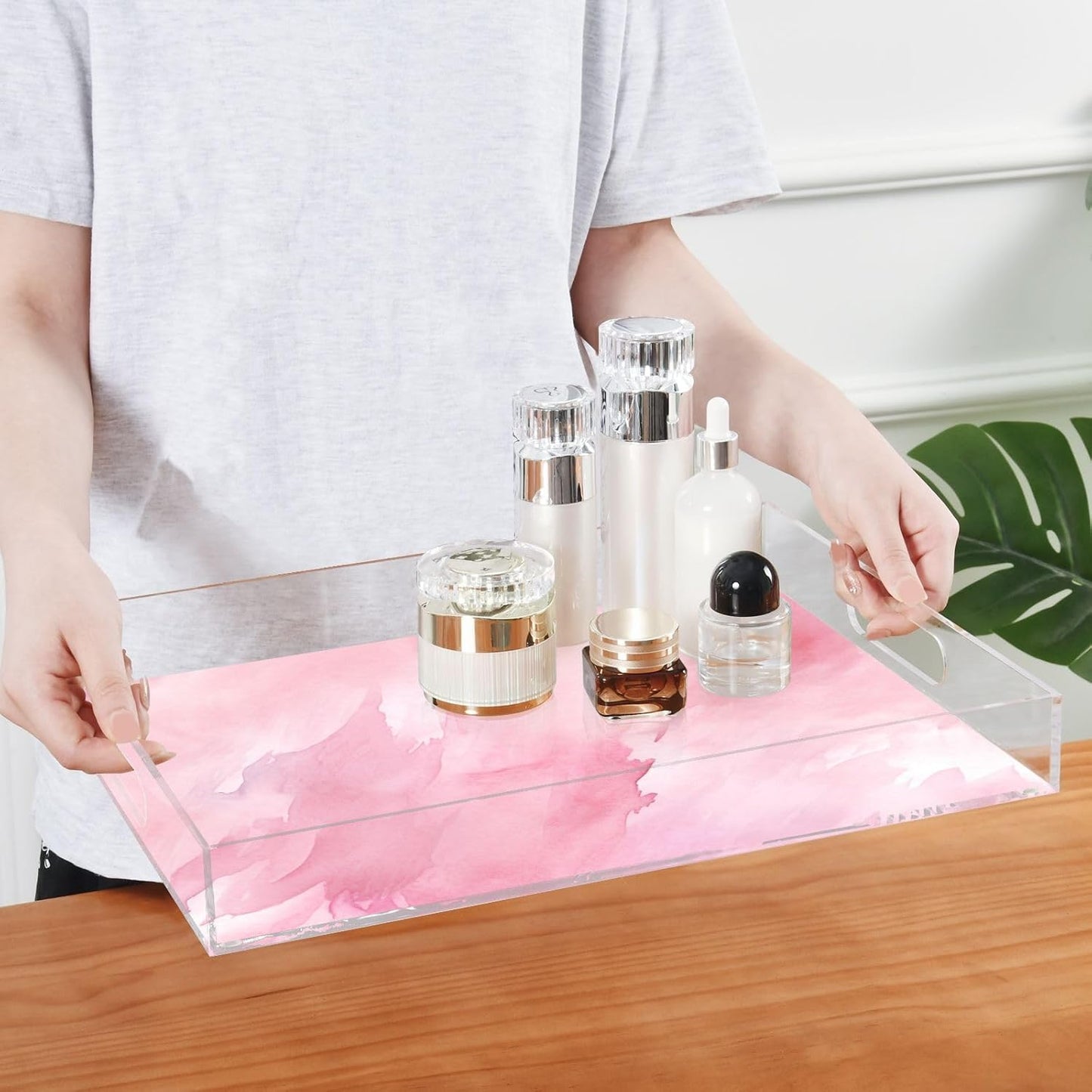 Plastic Food Serving Tray Decorative Vanity Trays for Bathroom Pink Marble Coffee Table Kitchen Counter 11.8 * 15.7in