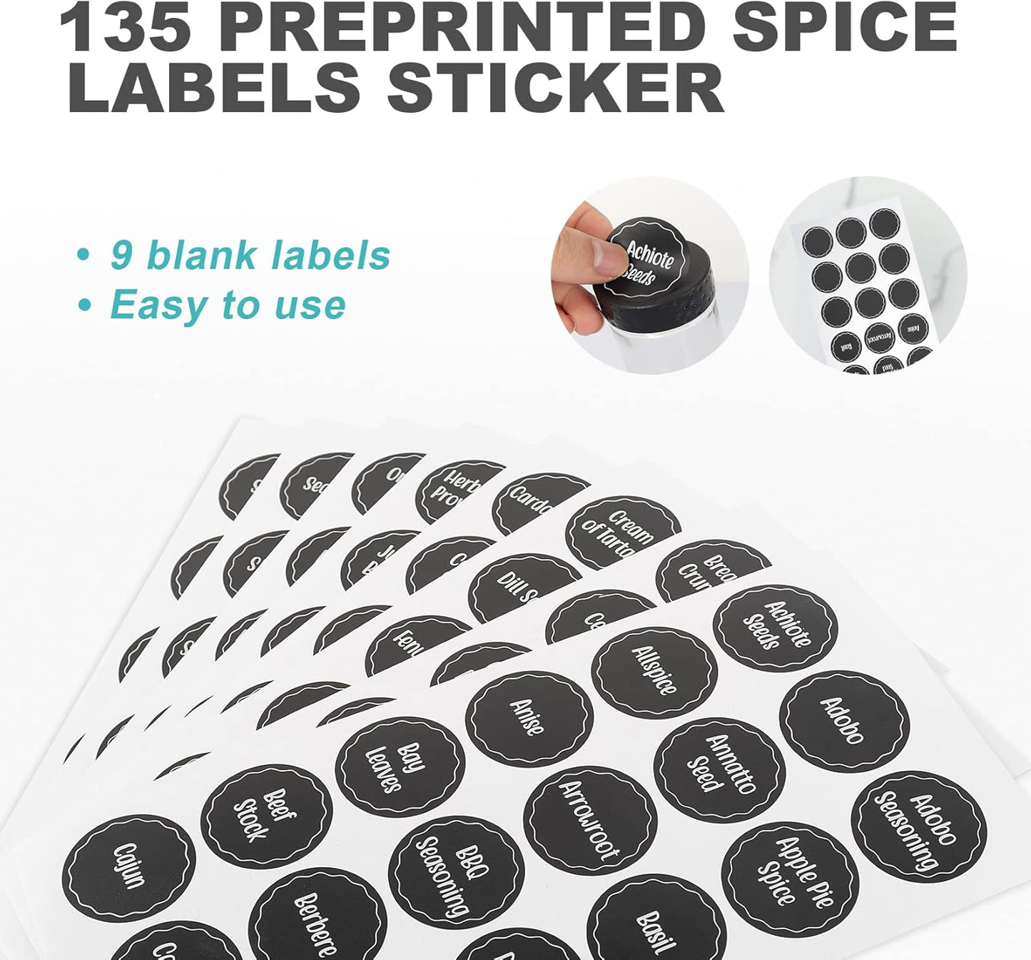 Black Countertop Rotating Spice Rack,Round Empty 16-Jars Revolving Spice Rack Organizer, 135 Spice Labels with Funnel Complete Set, for Kitchen Countertop, Cabinet