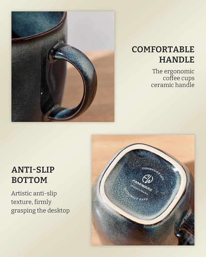 famiware Coffee Mugs Set of 6, Ocean Square 13oz Coffee Cup Set with Handle for Cocoa, Milk, Hot Chocolate, Tea, Water, Stoneware Cups for Kitchen, Microwave and Dishwasher Safe, Deep Forest