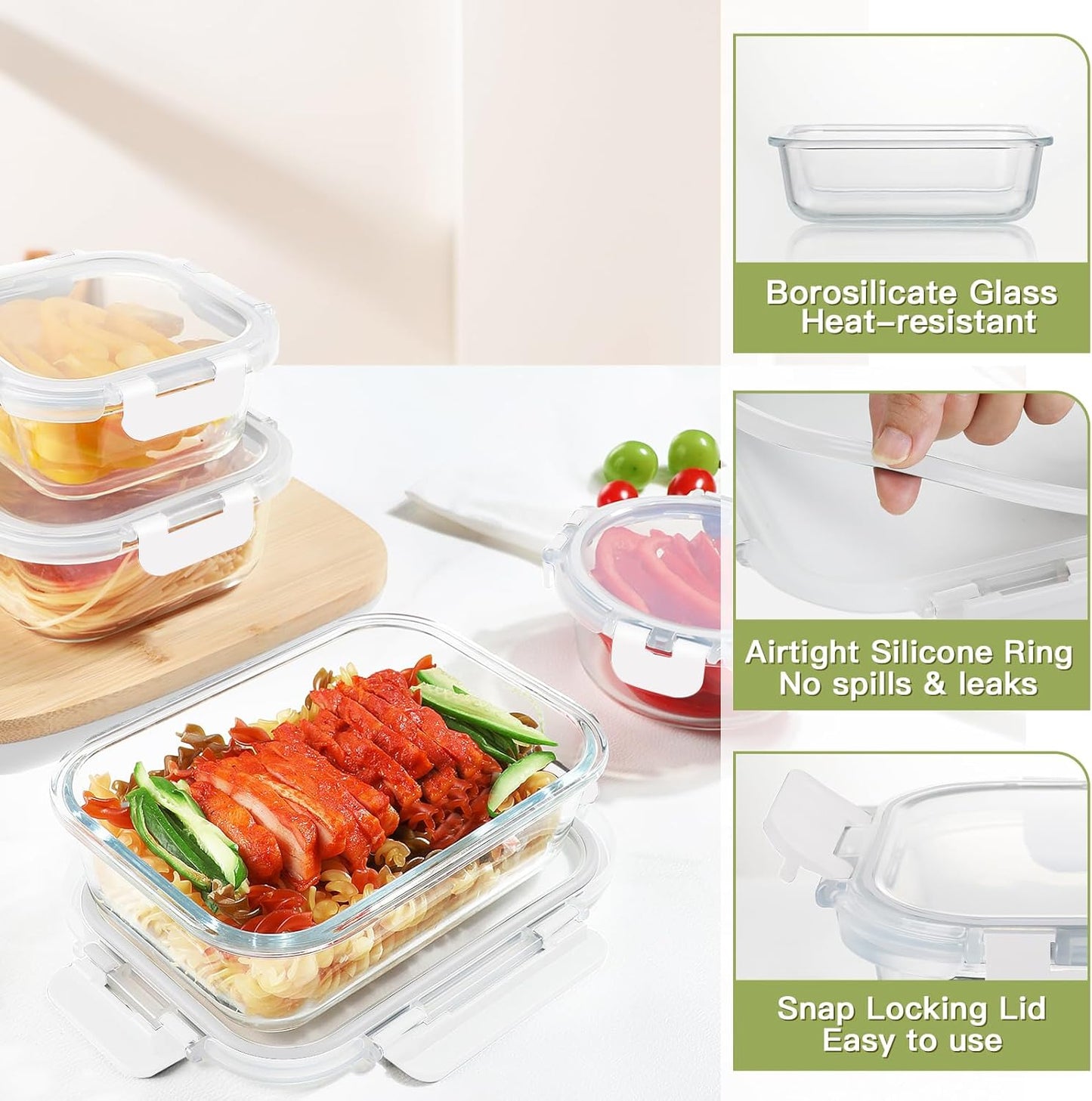 BAYZZ 30 Piece Glass Food Storage Containers Set, Glass Meal Prep Containers with Lids, Airtight Lunch Box, BPA-Free, Microwave, Freezer & Dishwasher Safe,White
