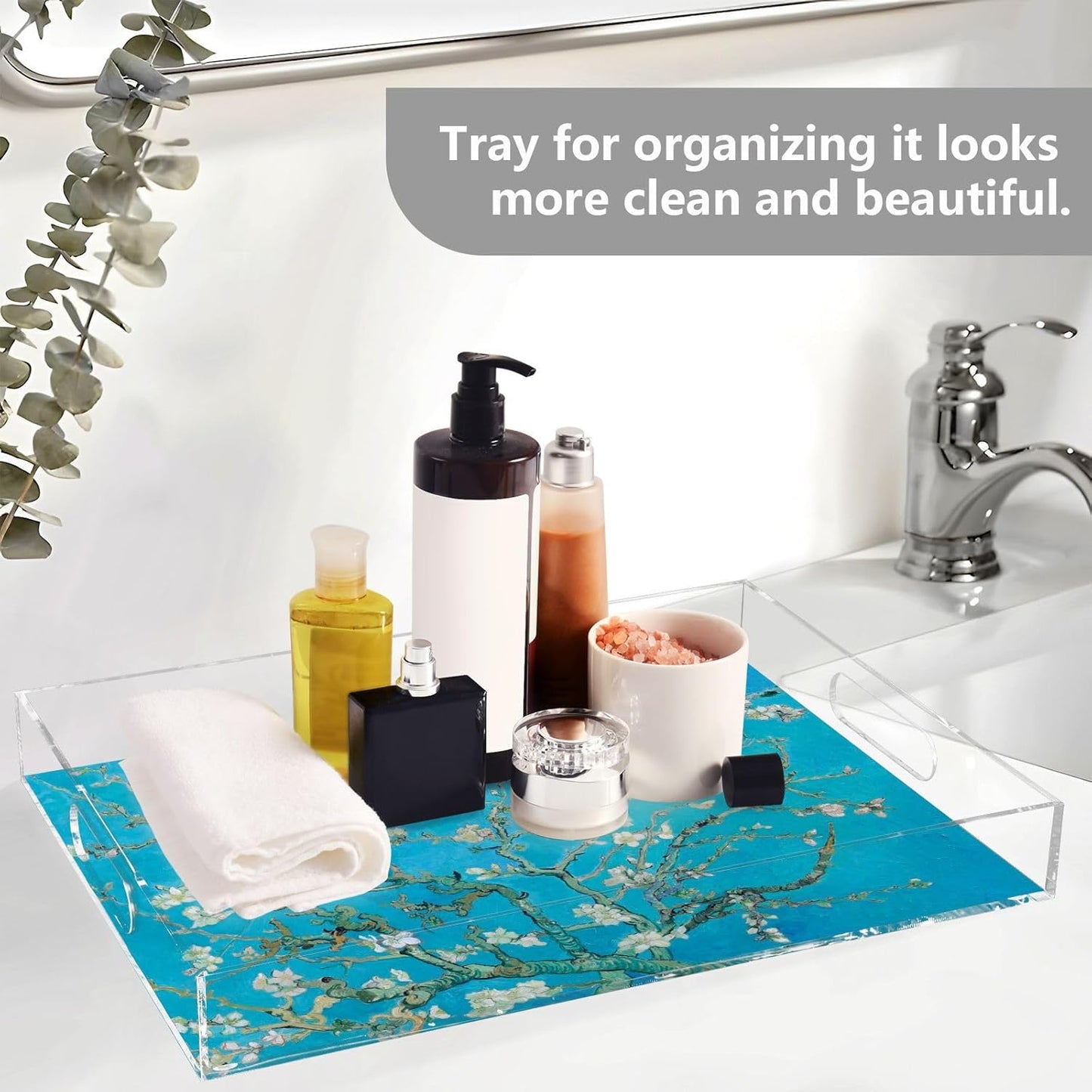 Acrylic Serving Tray with Handles Spill Proof Kitchen Storage Tray Clear Decorative Tray Makeup Drawer Organizer Storage Tray for Bathroom Living Room Ottoman 15.7x11.8Inches