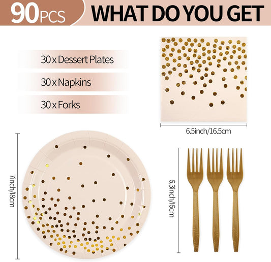 90PCS Pink and Gold Paper Plates Napkins Set, Disposable Gold Dot Party Plates with Napkins Forks Dessert Dinnerware Party Supplies for Wedding, Graduation, Festivals