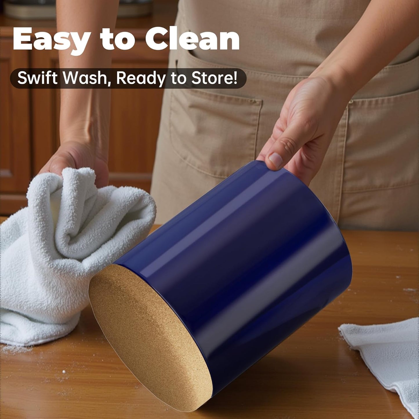 Ceramic Kitchen Utensil Holder for Countertop, Modern Crock with Non-Slip Cork Base, Counter Organizer for Cooking Tools , Blue