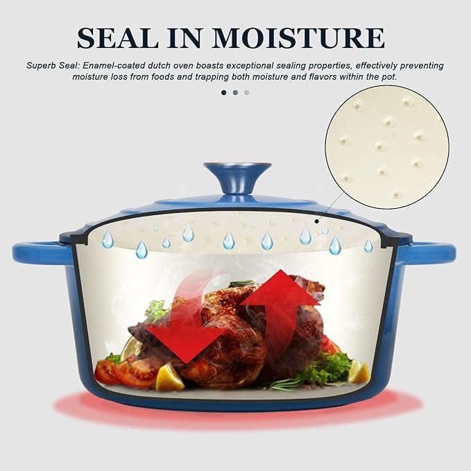 Overmont Enameled Cast Iron Dutch Oven - 7QT Pot with Lid Cookbook & Cotton Potholders - Heavy-Duty Cookware for Braising, Stews, Roasting, Bread Baking blue