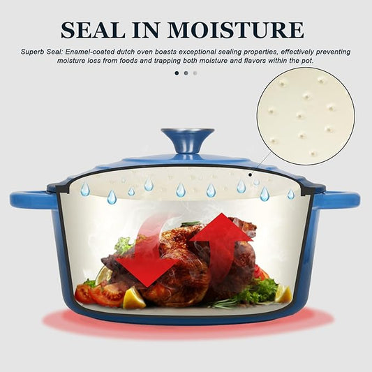 Overmont Enameled Cast Iron Dutch Oven - 7QT Pot with Lid Cookbook & Cotton Potholders - Heavy-Duty Cookware for Braising, Stews, Roasting, Bread Baking blue