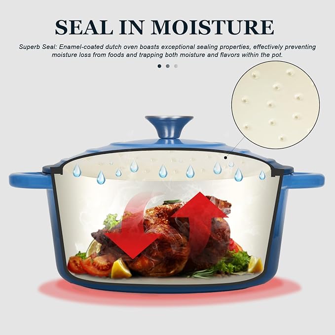 Overmont Enameled Cast Iron Dutch Oven - 4.5QT Pot with Lid Cookbook & Cotton Potholders - Heavy-Duty Cookware for Braising, Stews, Roasting, Bread Baking blue