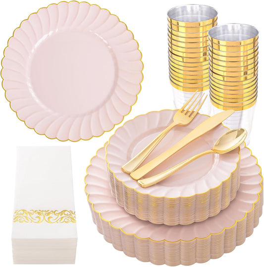 YOUBET 175PCS Pink Scalloped Plastic Plates - Gold Disposable Dinnerware Set Include 50 Plates, 75 Gold Silverware, 25 Cups, 25 Napkins for Party & Wedding & Baby Shower