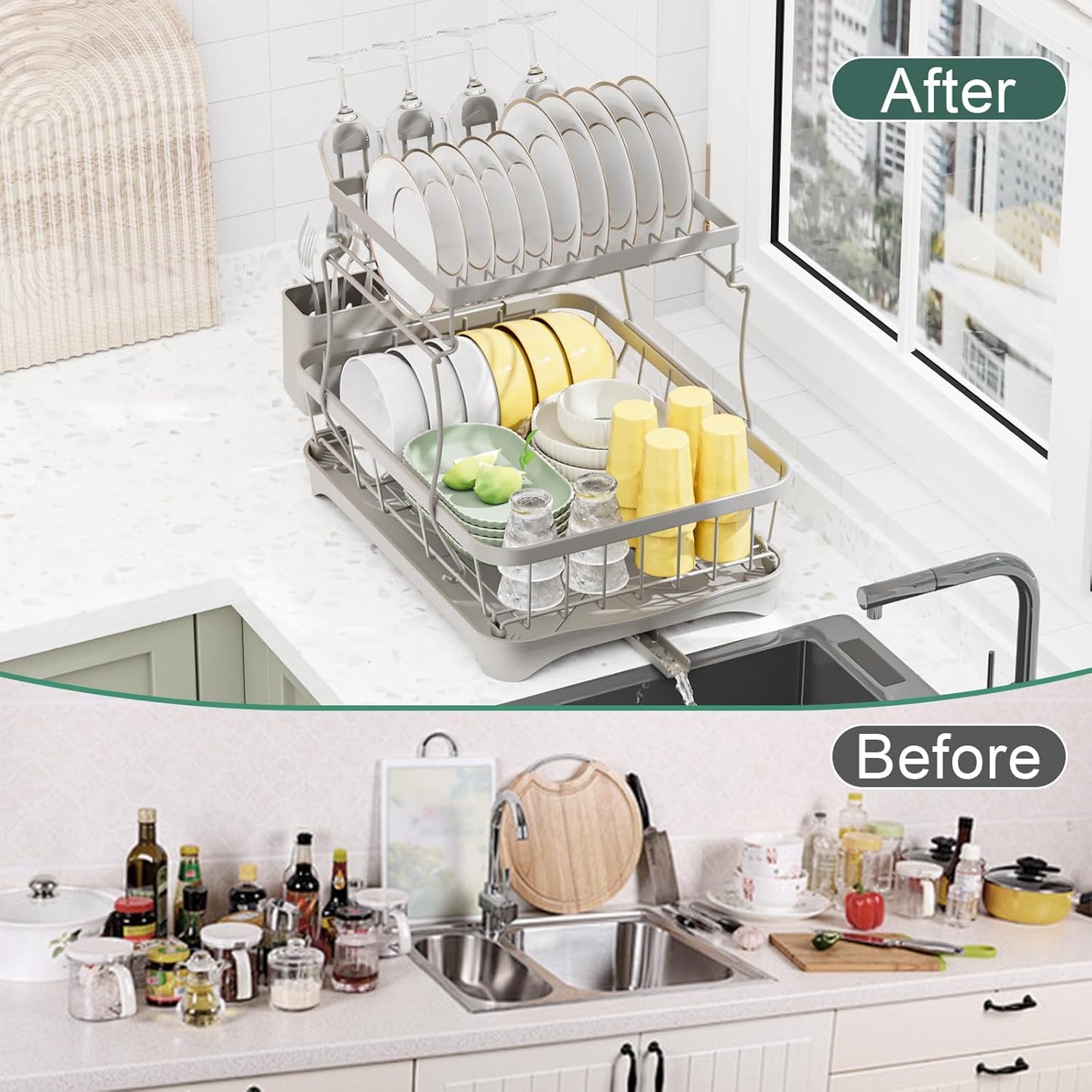 LIYI Dish Drying Rack,Large Dish Rack for Kitchen Counter,2-Tier Dish Racks with draining Tray,Detachable Capacity Dish Drainer Organizer,Grey