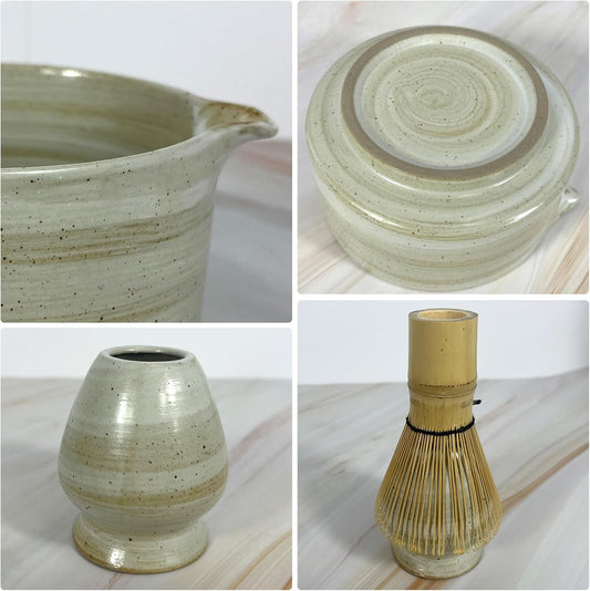 Matcha Whisk Set 6 pc Kit - Traditional Japanese Chasen, Bamboo Whisk Holder, Ceramic Bowl with Spout, Sifter & 2 pc Spoons - matcha kit set, Gift for Matcha Tea Lovers(Gray)