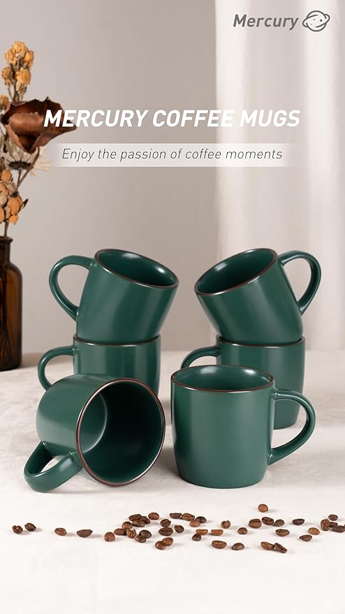 famiware Mercury Coffee Mugs 13 oz, Coffee Mugs Set of 6 with Handle, Cups for Latte, Hot Tea, Cappuccino, Mocha, Cocoa, Dark Green