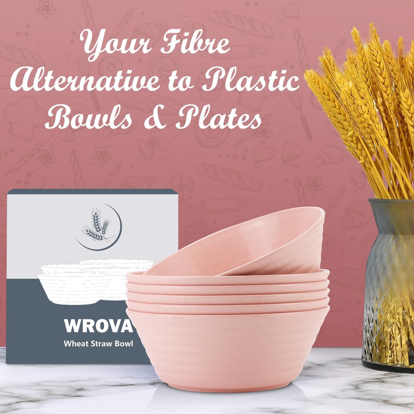Wrova Wheat Straw Bowl Sets,6 PCS Unbreakable Cereal Bowl 36 OZ,Microwave and Dishwasher Safe Bowls,Kitchen Bowls BPA Free for Serving Soup,Oatmeal and Salad （Sakura）
