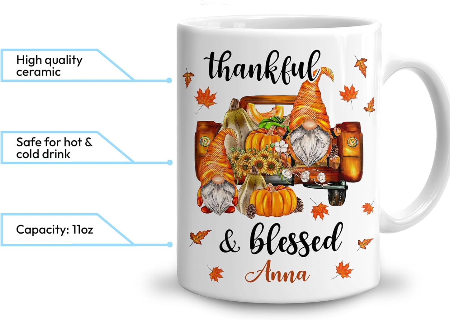 Hyturtle Personalized Fall Gnome Mug Gifts - Thankful And Blessed - Custom Name Coffee Cup Ceramic Mug 11oz 15oz - Gnome Gift For Women - Autumn Gifts - Fall Thanksgiving Decor Gift - Birthday