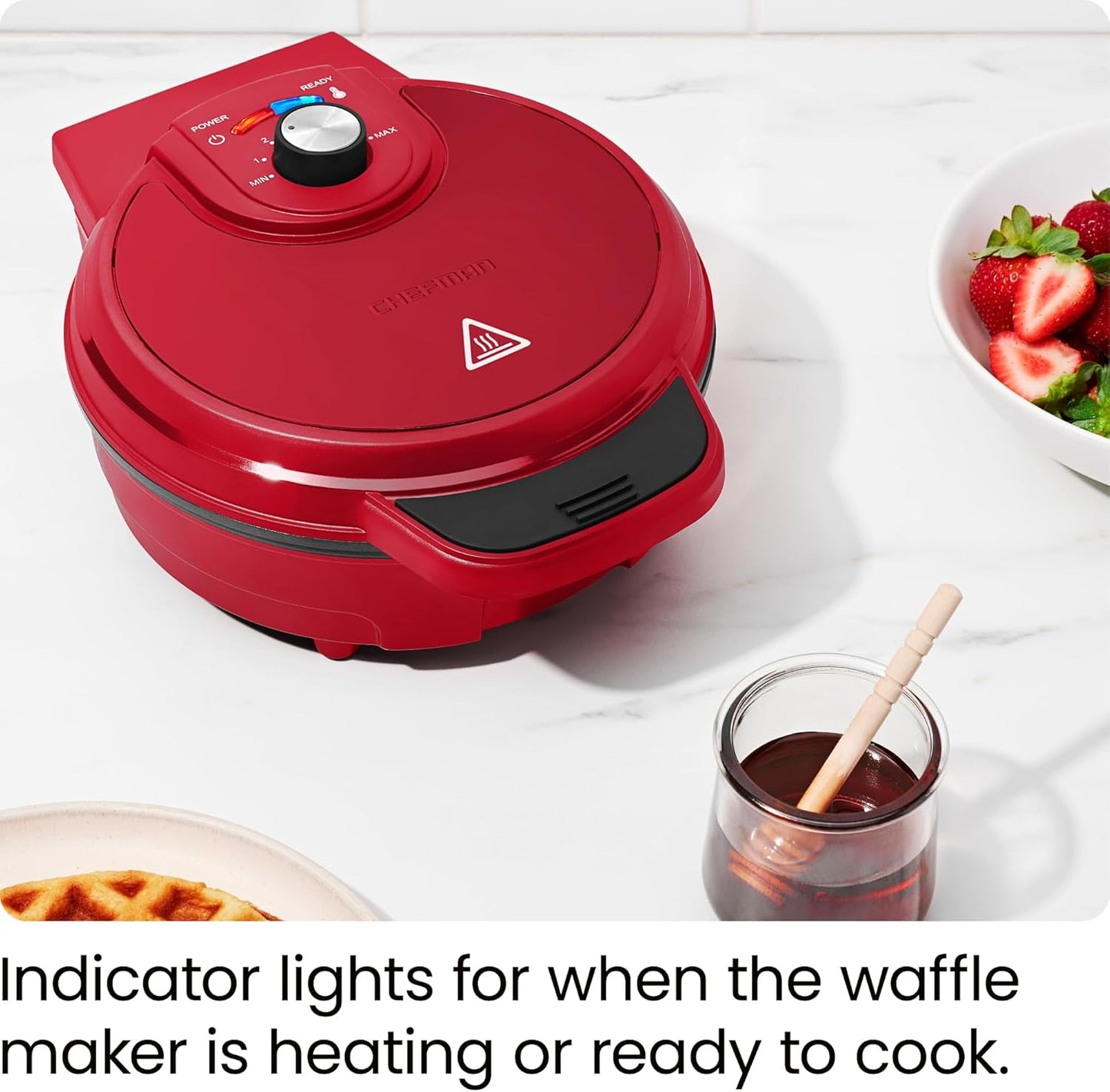 Chefman Anti-Overflow Belgian Waffle Maker w/Shade Selector, Temperature Control Mess Free Moat, Round Iron w/Nonstick Plates & Cool Touch Handle, Measuring Cup Included, Red