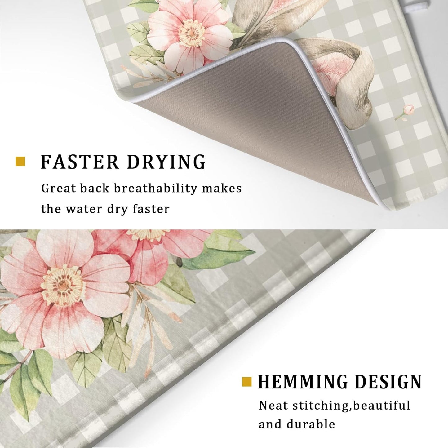 Spring Easter Dish Drying Mats for Kitchen Counter 18×24 Inch Cute Bunny Flowers Large Microfiber Drying Mat Kitchen Accessories Dish Rack Mat Drainer Pad Washable Absorbent