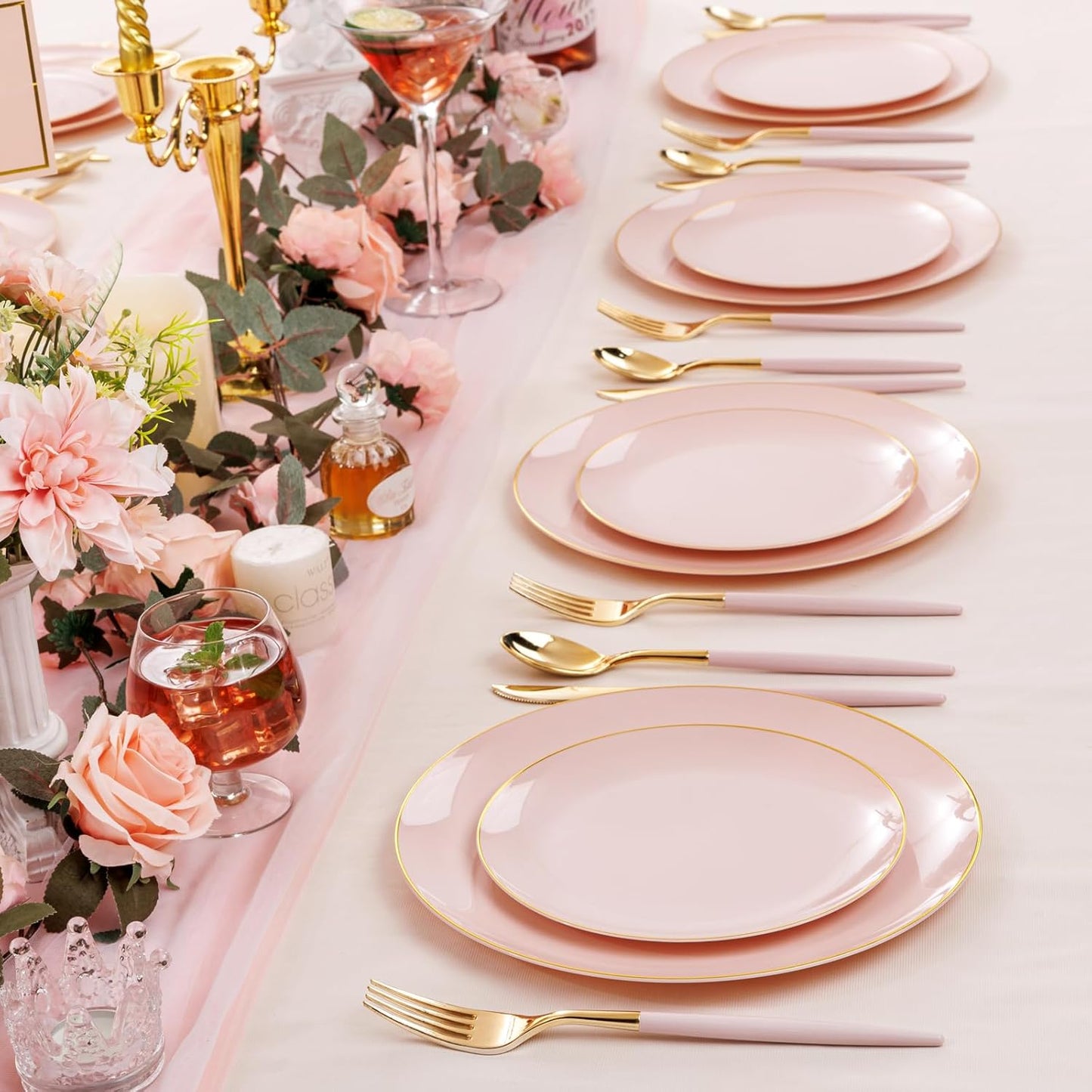 DaYammi 150Pcs Pink and Gold Plastic Plates Heavy Duty Gold Rimmed Plates Pink Plastic Disposable Plate Included 30 Dinner plates,30 Dessert plate,30 Knives,30 Forks,30 Spoons for Wedding Party