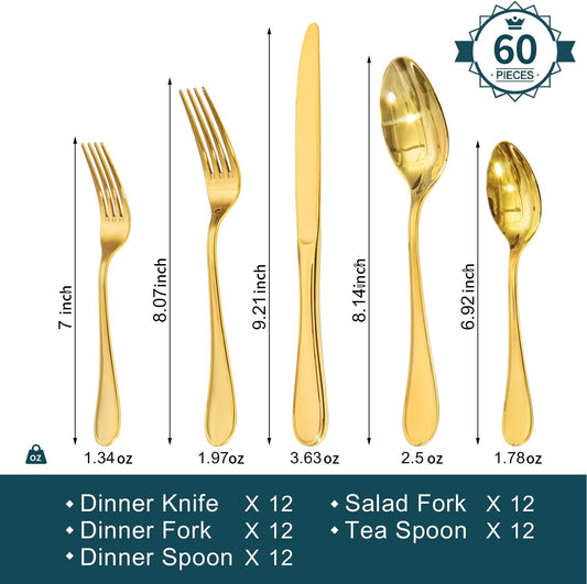 KINGSTONE 60 Piece Teardrop Silverware Set for 12, 18/10 Stainless Steel Flatware Set, Modern Design Cutlery Set for Home/Hotel/Wedding,Mirror Polished and Dishwasher Safe, Gold