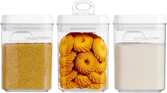 Felli Flip Tite Storage Container with Built-In Spoon & Airtight Lid 5” Large-M Ring Flip Top, Stackable Acrylic Canister for Rice Sugar Flour Protein Powder, Kitchen Pantry Organizer (1.8qt)