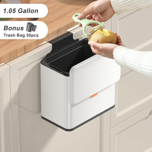 Mbillion Kitchen Compost Bin Hanging Trash Can with Lid 1.05 Gallon Stainless Steel Garbage Can for Kitchen Cabinet Door Mounted Trash Can Under Sink Door RV Bathroom,White