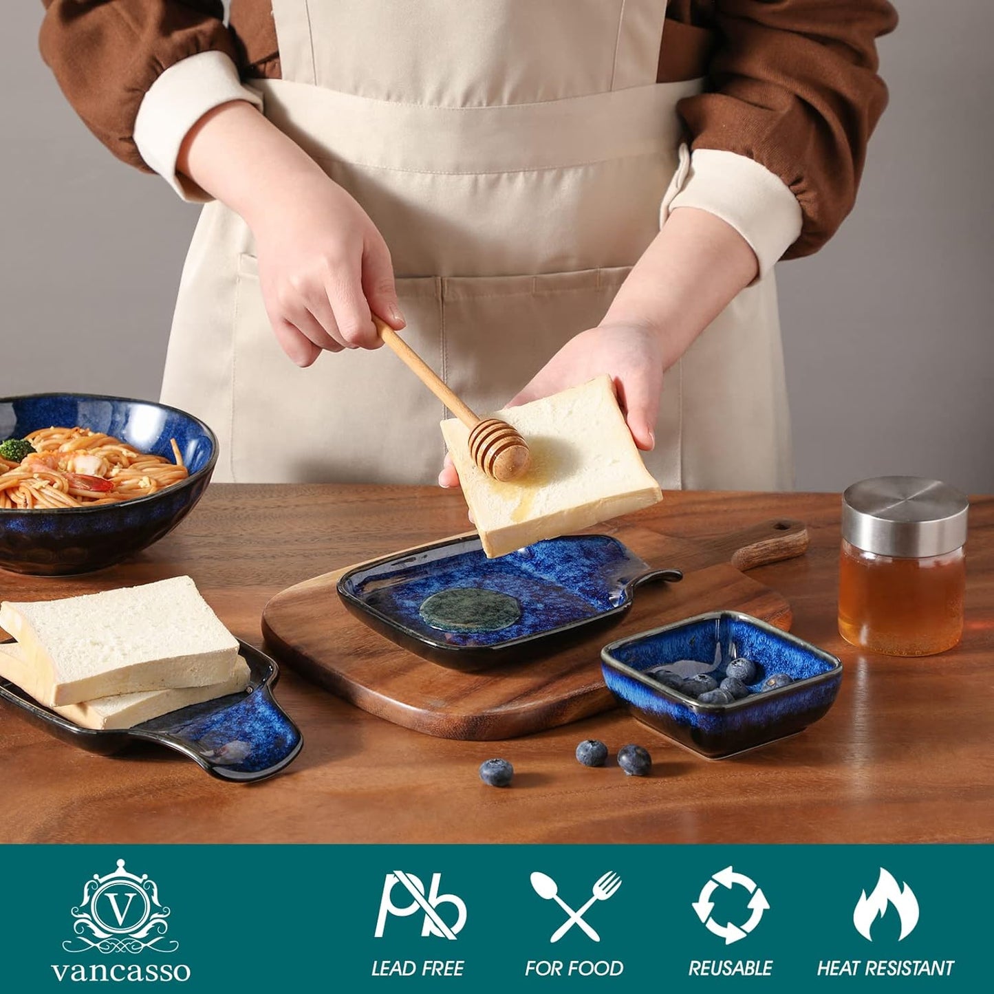 vancasso Stern Spoon Rest for Kitchen, Square Ceramic Spoon Holder for Stove Top, Heat Resistant Utensil Rest for Countertop, Dishwasher Safe, Kiln Blue, 2 Pack