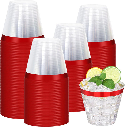 120 Pcs Red Plastic Cups,9Oz Red Rimmed Plastic Cups,Heavy Duty Clear Disposable Plasitc Cocktail Tumblers Wine Cup for Party,Wedding,Birthday,Christmas