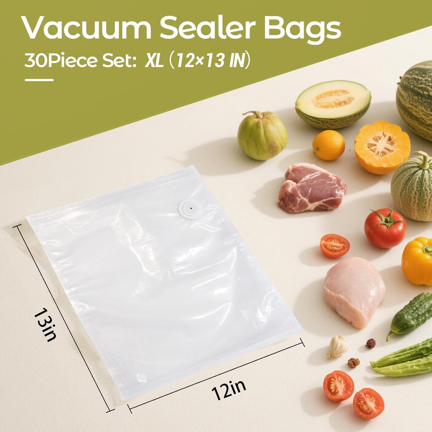 Vacuum Sealer Bags Extra Large Size 12x13 Inch 30 Bags, Food Storage, BPA Free, Food Saver, Meal Prep,Sous Vide, Heavy Duty, Airtight
