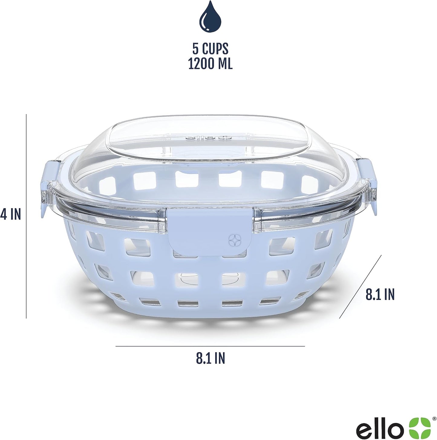 Ello Duraglass Meal Prep Lunch Bowl Container, 5 cup- Glass Food Storage Container with Silicone Sleeve and Airtight BPA-Free Plastic Lid, Dishwasher, Microwave, and Freezer Safe