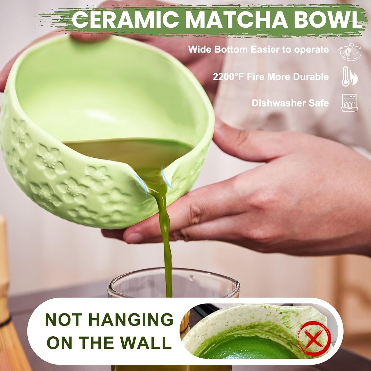 Matcha Whisk Set, Sakura Green Ceramic Matcha Set Includes Matcha Bowl, Matcha Whisk (Chasen) and Holder, Sifter, Bamboo Scoop & Spoon - 6 Pcs Matcha Kit for Matcha Lovers