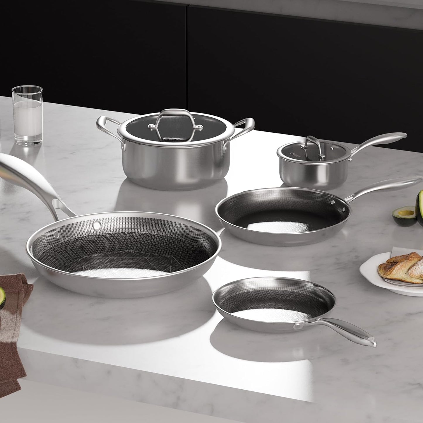 COOKER KING Stainless Steel Cookware Set, Pots and Pans Set Non Stick, Hybrid Ceramic Cookware, Frying Pans, Saucepans & Stock Pot with Glass Lid, Non-Toxic, Oven Safe, Induction Compatible