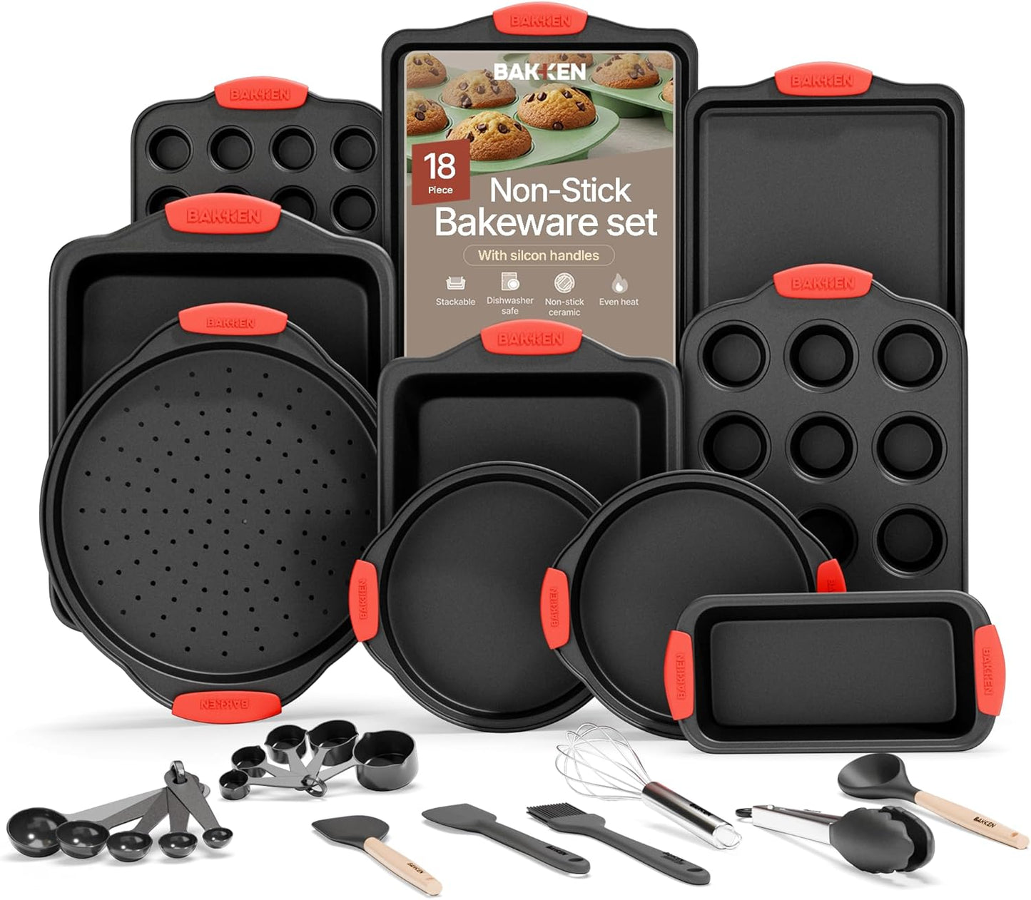 BAKKEN Kitchen Baking Pan Set - Nonstick Coating, Carbon Steel Bakeware Sets with Red Silicone Handles, Baking Kitchen Essentials, PFOA, PFOS, PTFE Free, Oven Safe Tray (Up To 450° F), Set of 18